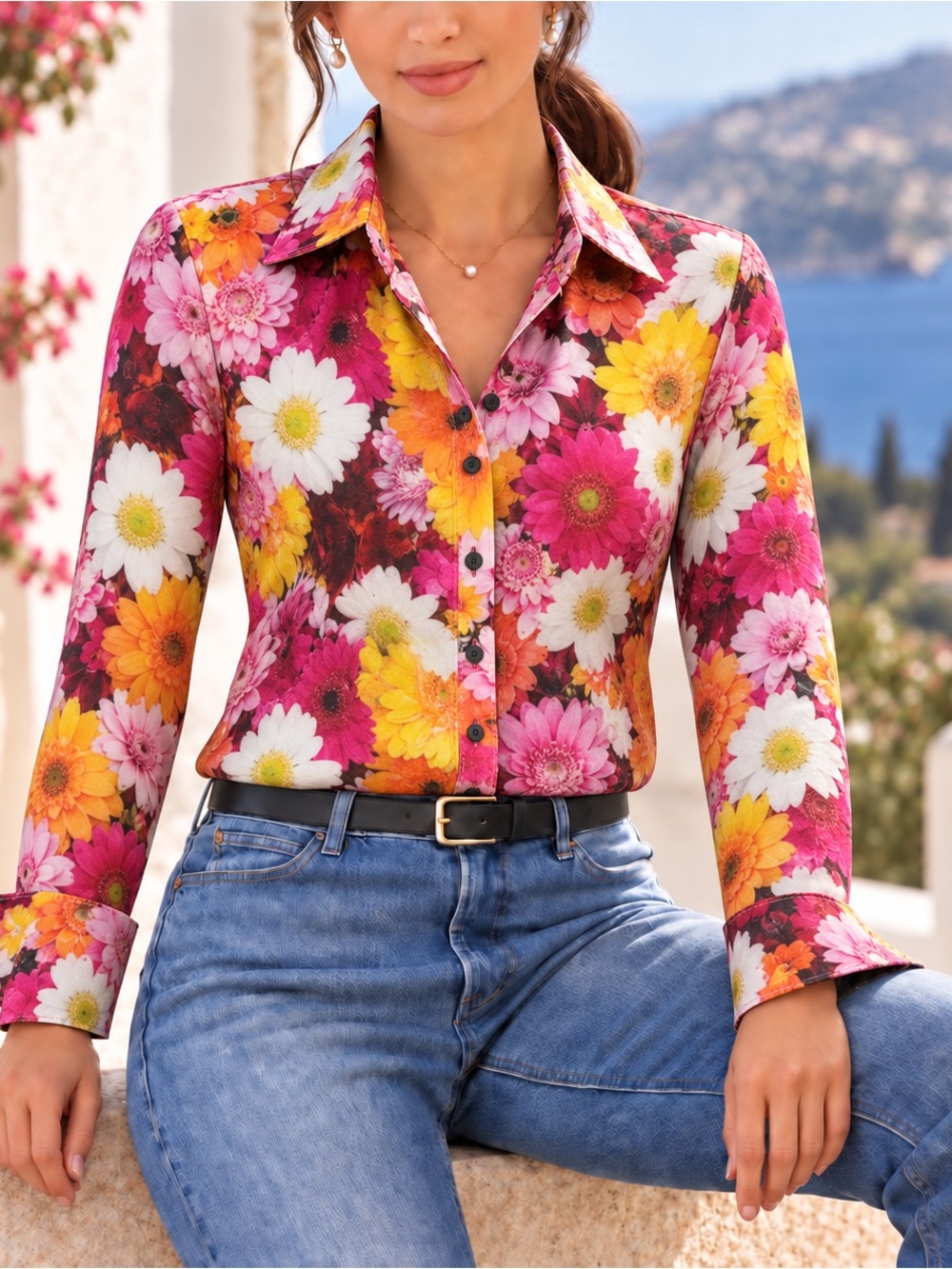 Boston Proper Multicolor Floral Charmeuse Button-Down Blouse